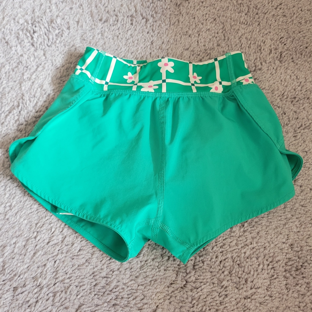 Hanna Anderson Girls Green Athletic Shorts with Floral Waistband
